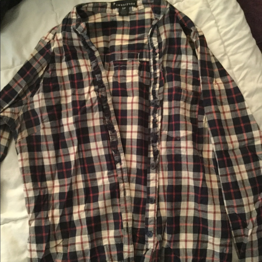 Plaid red, white, and blue button down